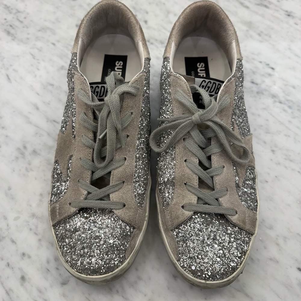 Golden Goose Superstar Suede Glitter Low-Top Sneakers - Silver - Size 10B / 40EU